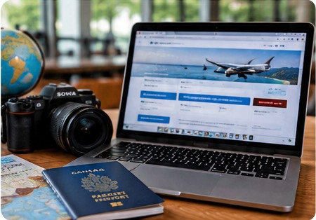 Laptop and travel essentials on a planning desk