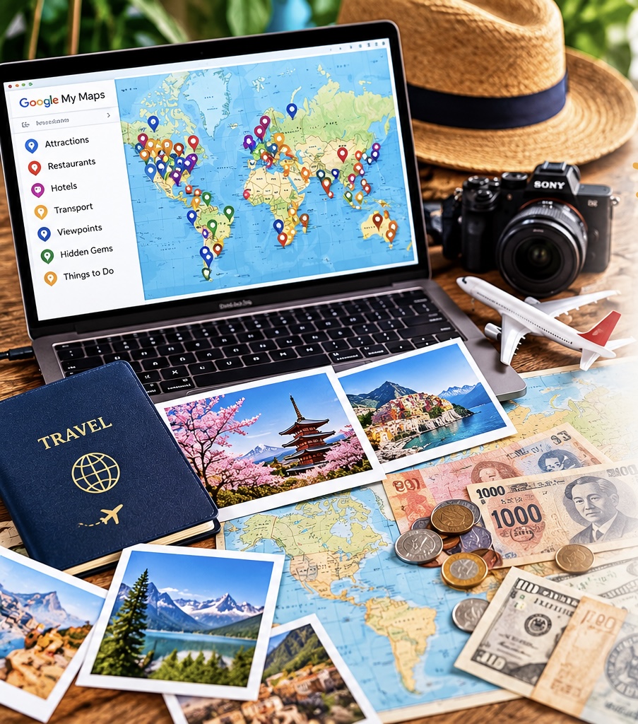 Travel Maps and Currency Souvenirs